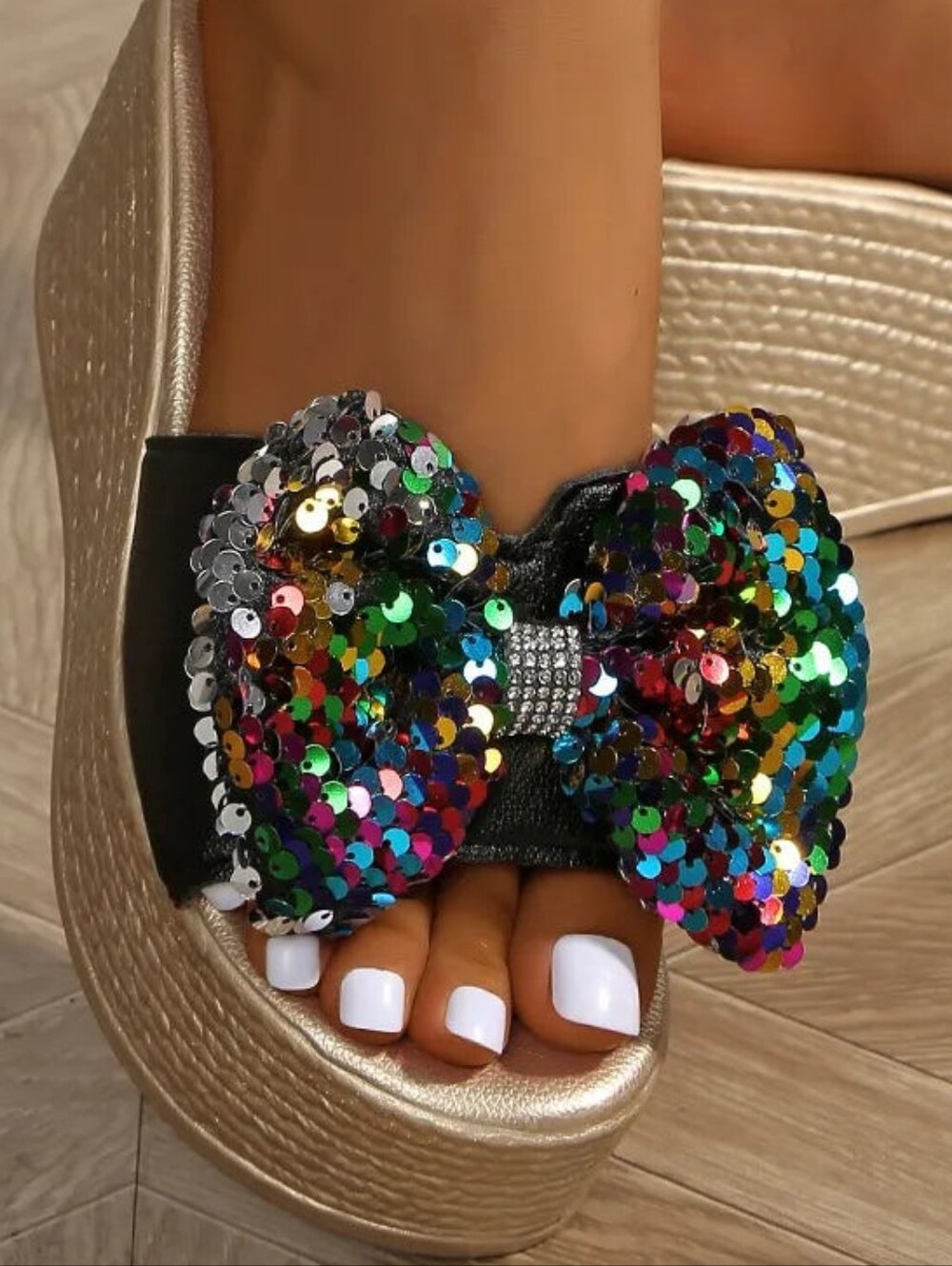 Oversized Sequin Bow Open Toe Shoes Chunky Sparkle Bling Platform Wedge Sandals
